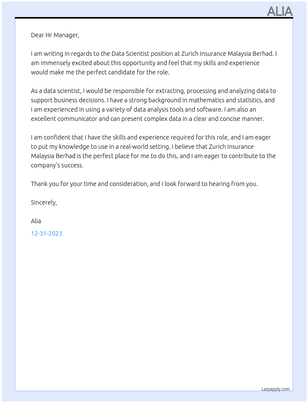 Data Scientist At Zurich Insurance Malaysia Berhad Cover Letter