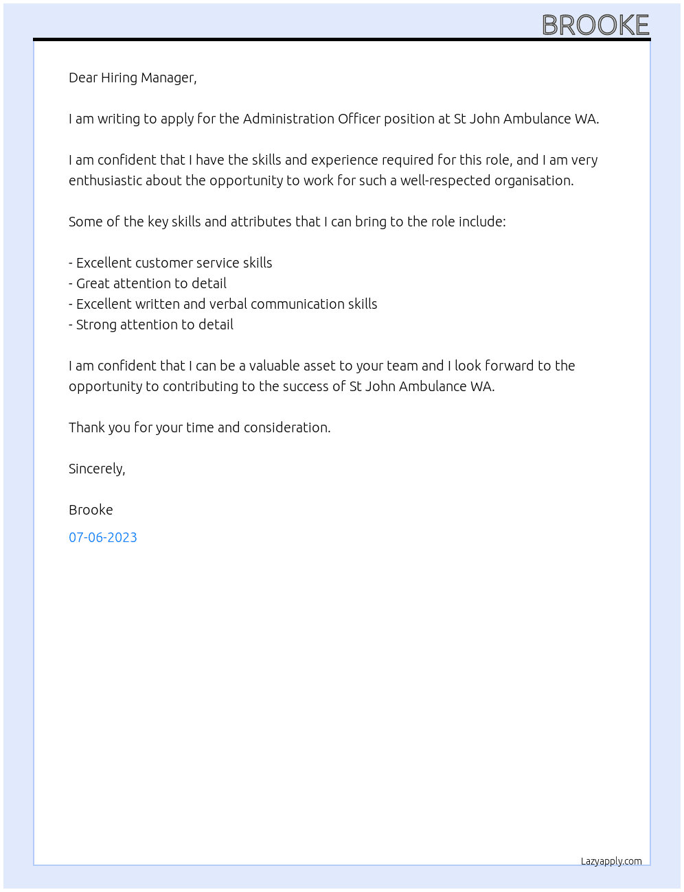 Administration Officer At St John Ambulance WA Cover Letter