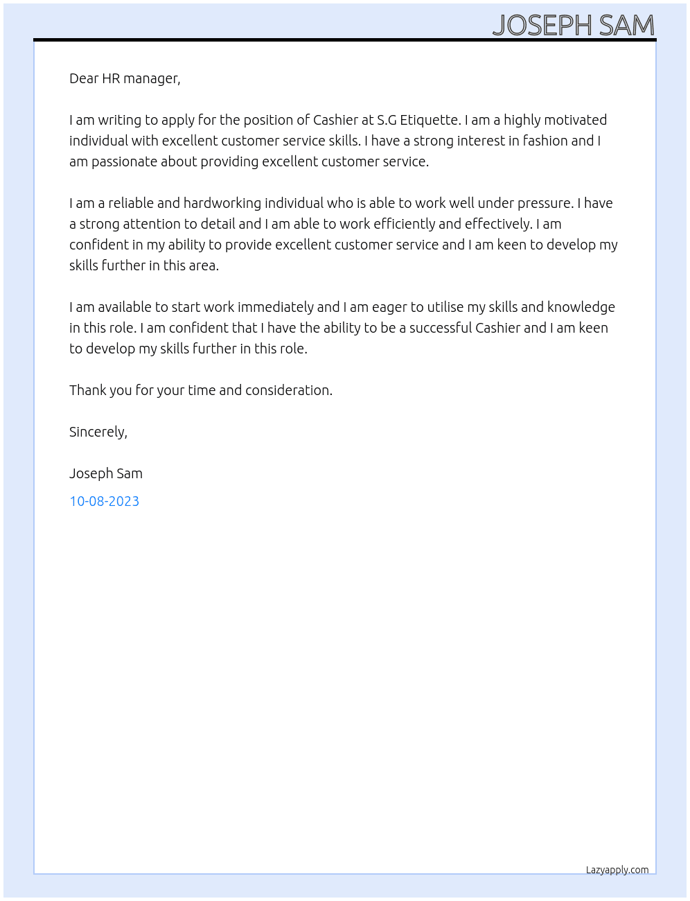 Cashier  At S.G Etiquette  Cover Letter
