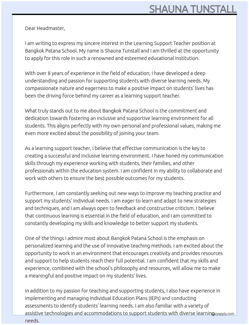 Learning support teacher  At Bangkok Patana School Cover Letter