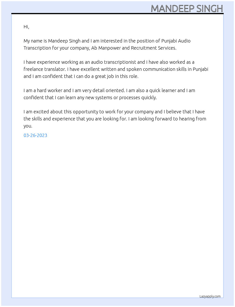 punjabi audio transcriptor At Ab Manpower and recuirment service Cover Letter