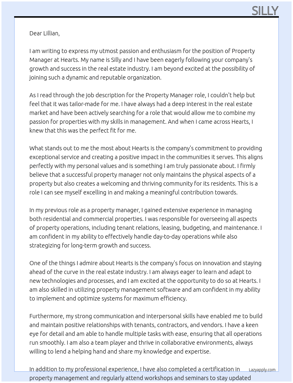 Property manager  At Hearts Cover Letter