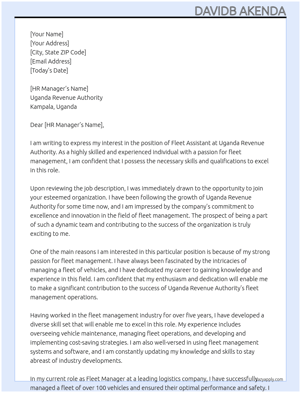 fleet asistant At Uganda Revenue Authority Cover Letter