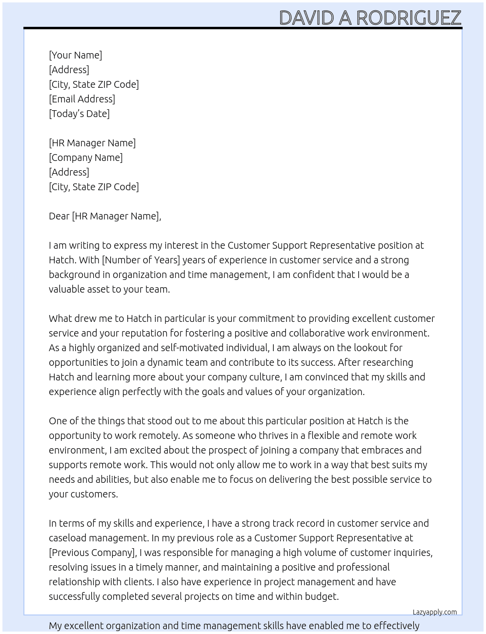 Customer Support Representative At Hatch Cover Letter