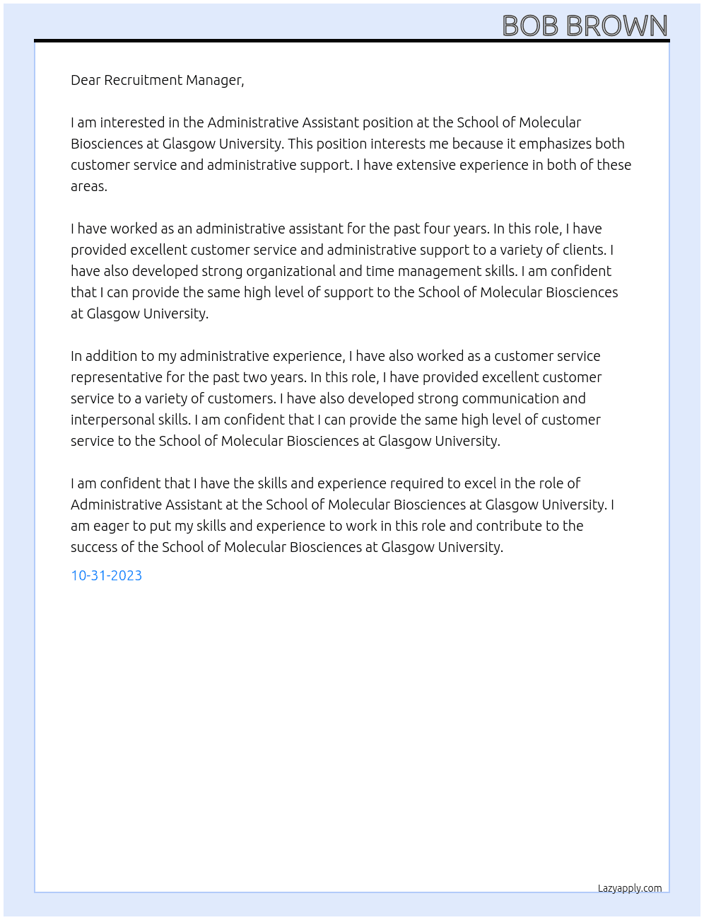 Administrative Assistant At School of Molecular Biosciences at Glasgow University Cover Letter