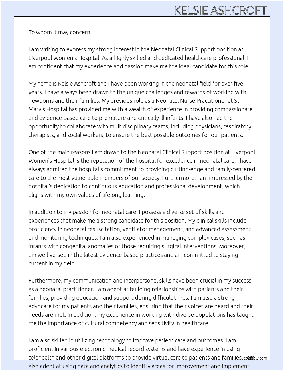 Neonatal clinical support  At Liverpool women’s hospital  Cover Letter