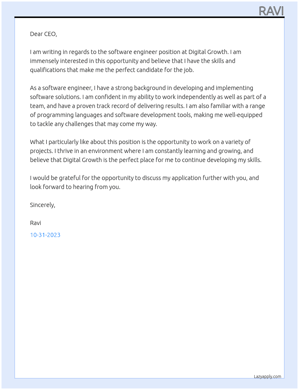 software engineer At Digital Growth Cover Letter