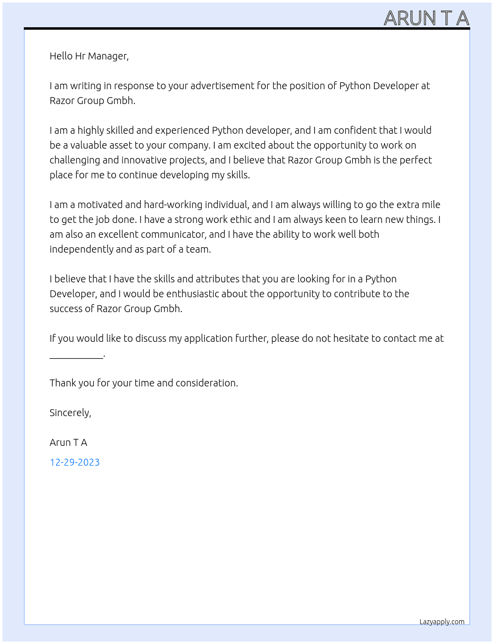 Python Developer  At Razor Group Gmbh Cover Letter