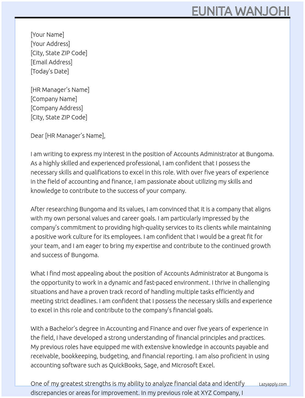 Accounts Administrator  At Bungoma  Cover Letter