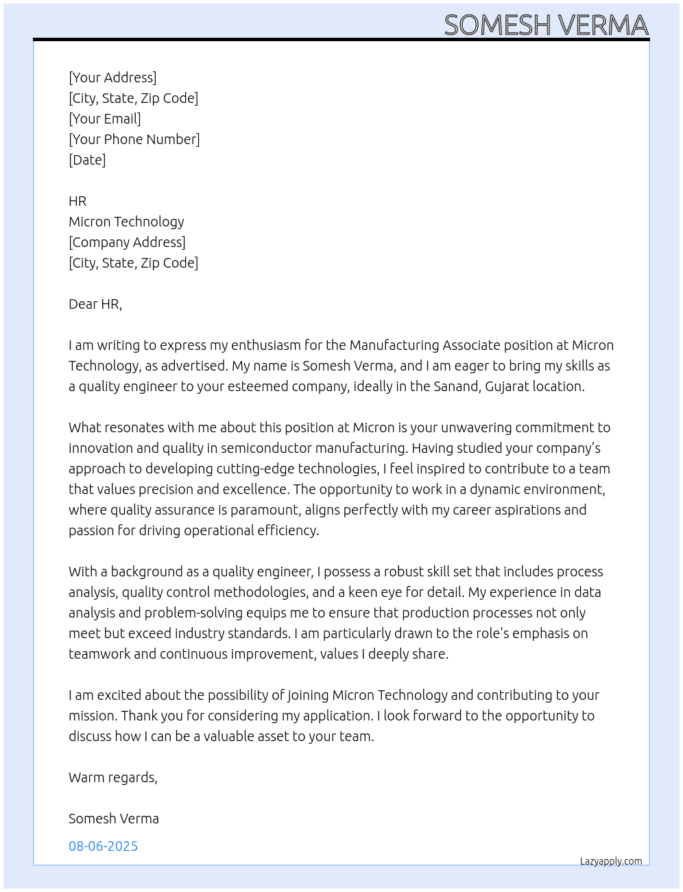 Manutacturing Associate At Micron Technology Cover Letter