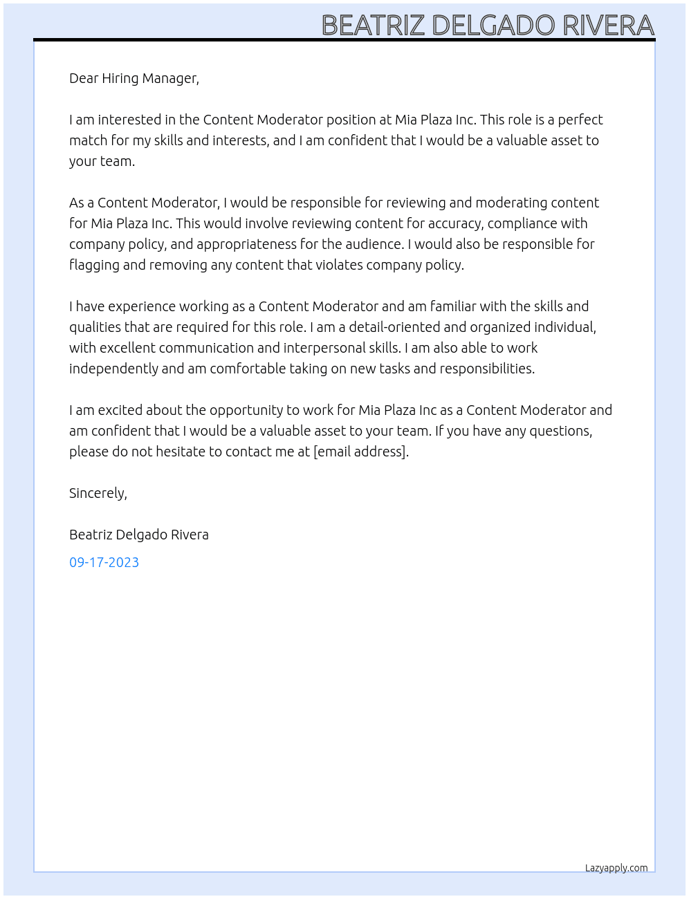Content Moderator At Mia Plaza Inc Cover Letter