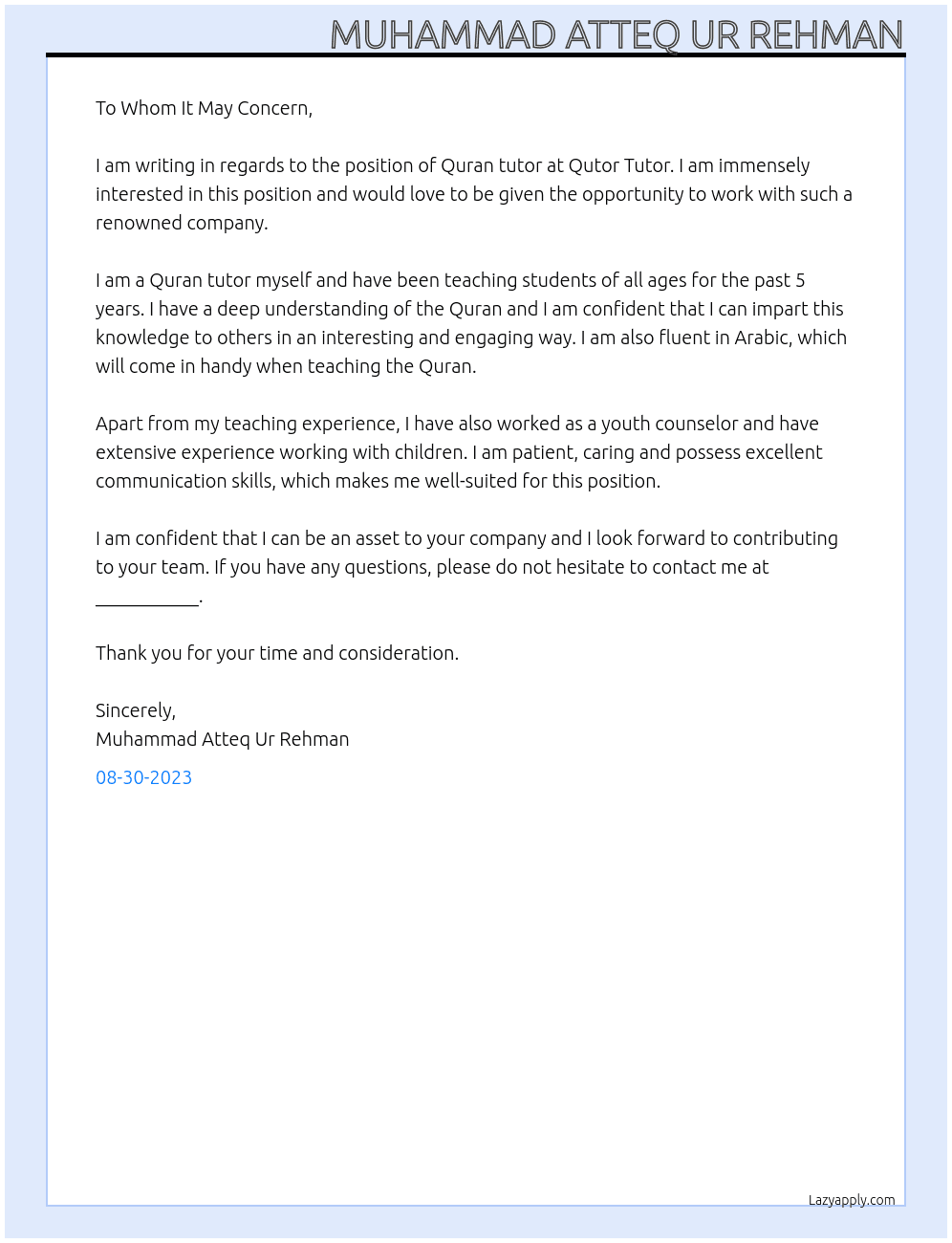 Quran tutor At Qutor Tutor Cover Letter