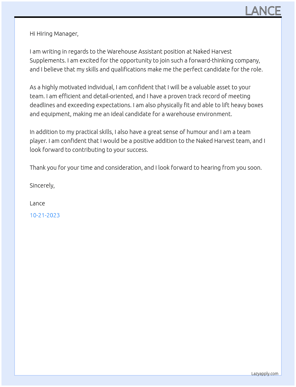Warehouse Assistant At Naked Harvest Supplements Cover Letter