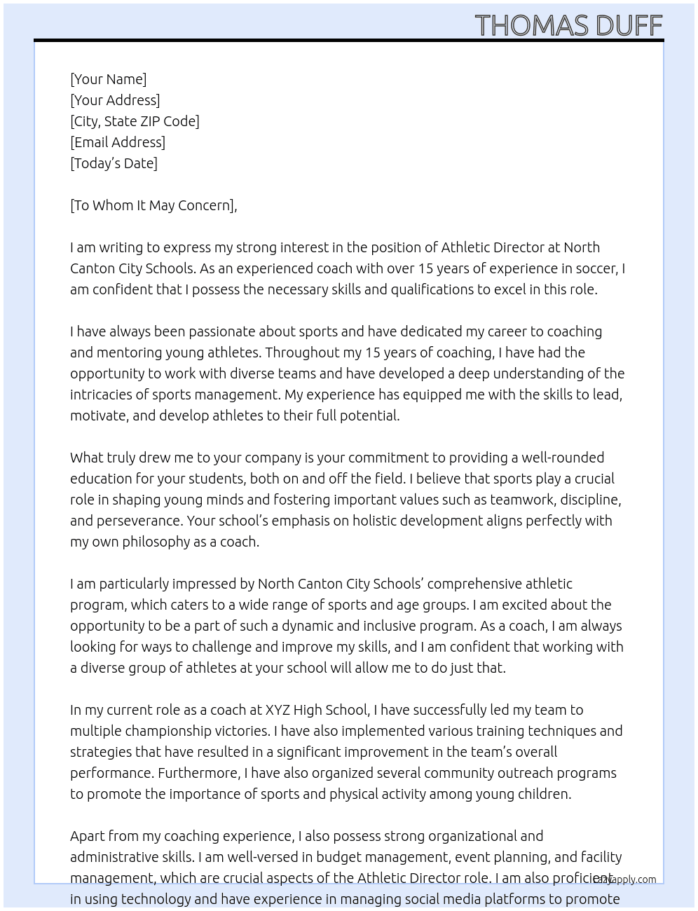 Athletic Director At North Canton City Schools Cover Letter