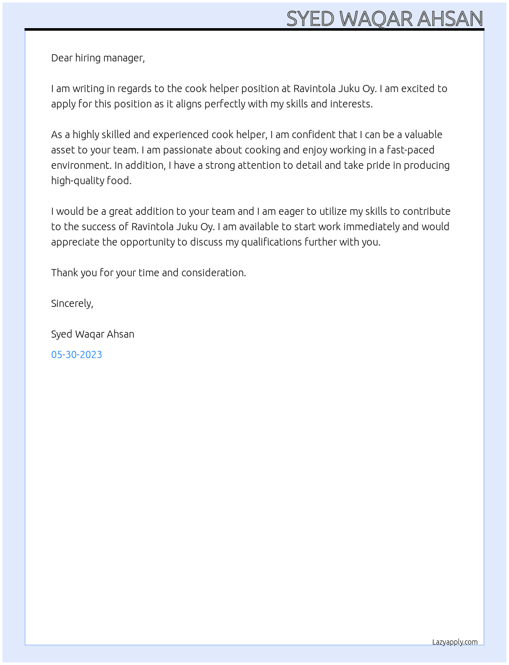 Cook helper At Ravintola Juku Oy Cover Letter