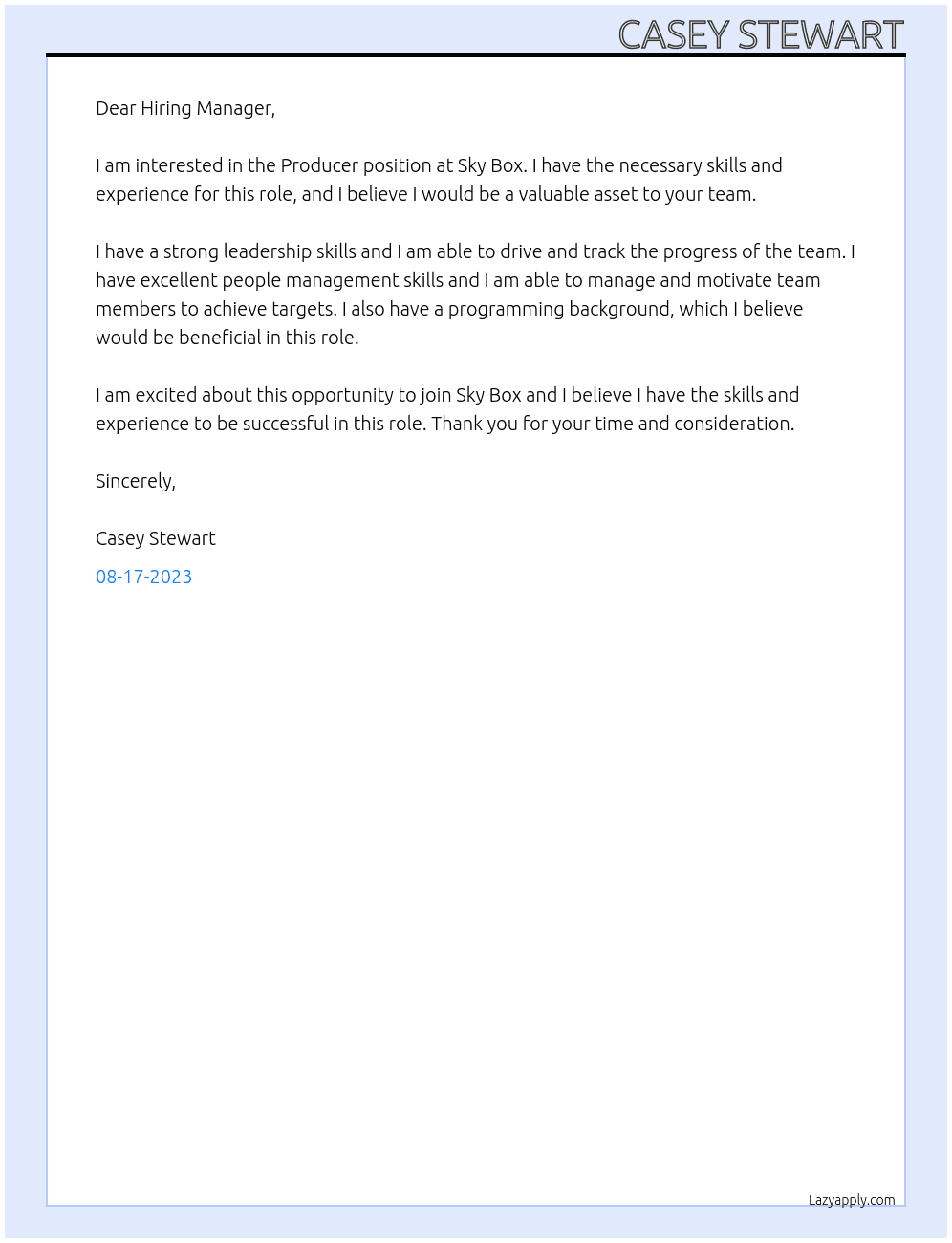 Producer At Sky Box Cover Letter