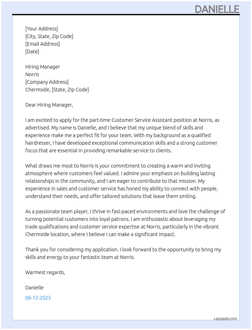Customer service assistant At Norris Cover Letter