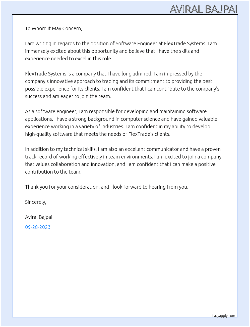 Software Engineer At FlexTrade Systems Cover Letter