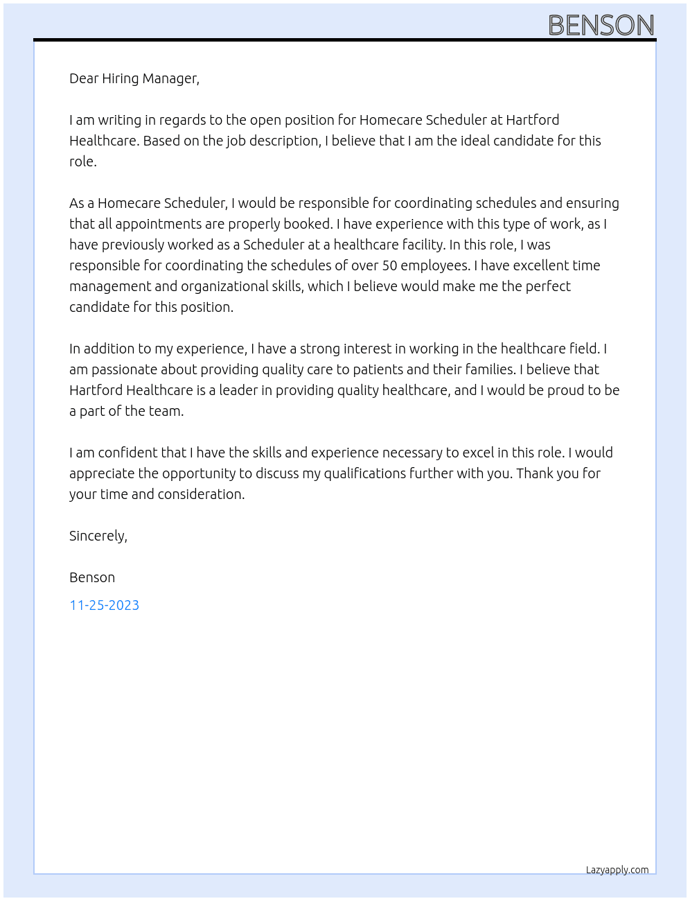 Homecare scheduler  At Hartford Healthcare Cover Letter