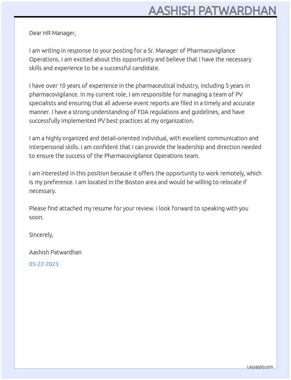 Sr. Manager, Pharmacovigilance Operations At Emergent Bio solutions Cover Letter
