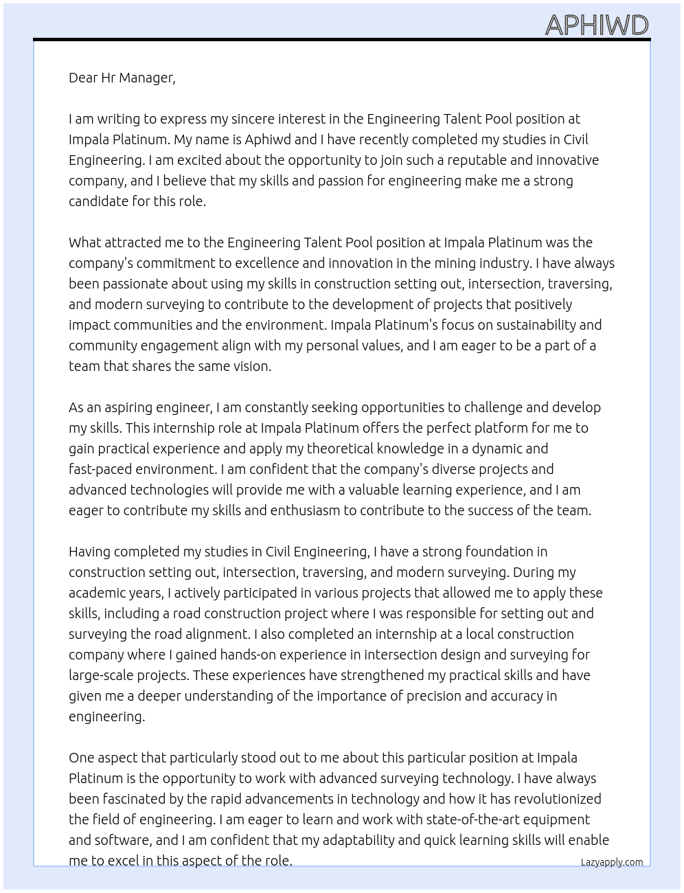 Engineering Talent Pool At Impala Platinum Cover Letter