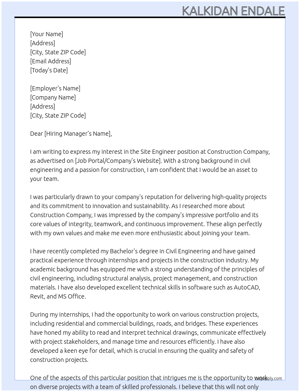 Site engineer  At Construction company  Cover Letter