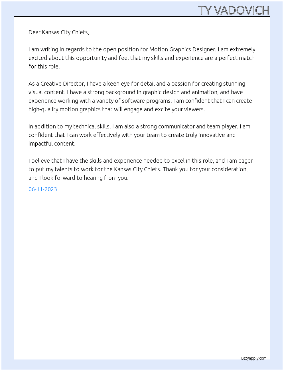 Motion Graphics Designer At Kansas City Chiefs  Cover Letter