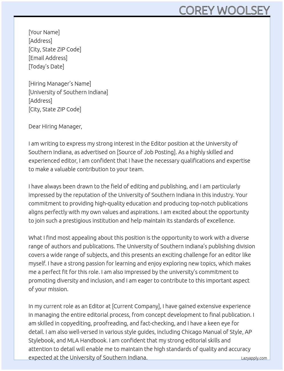 Editor At University of Southern Indiana Cover Letter
