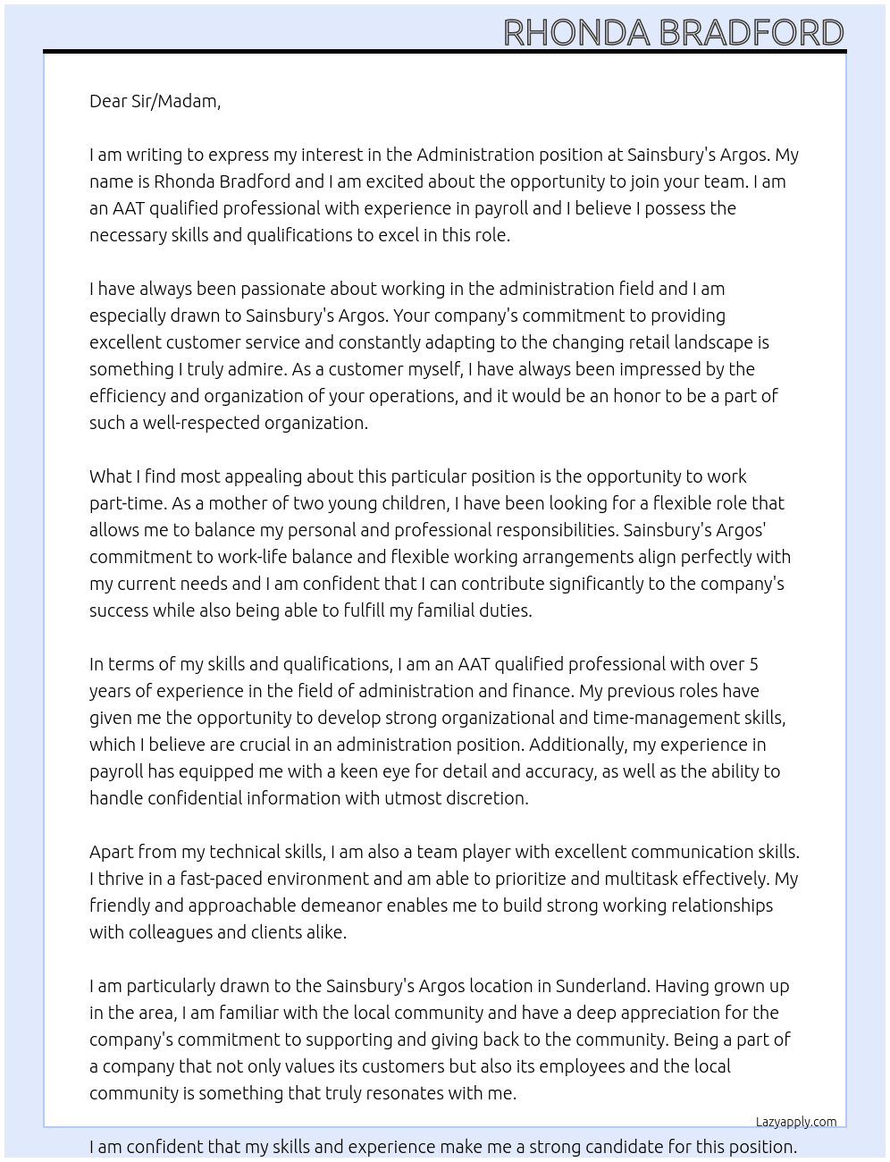 Administration  At Sainsbury's Argos Cover Letter