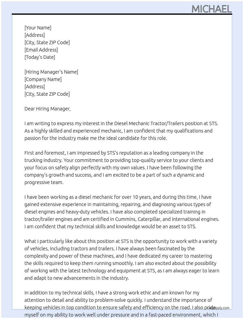 Diesel Mechanic tractor/trailers At STS Cover Letter