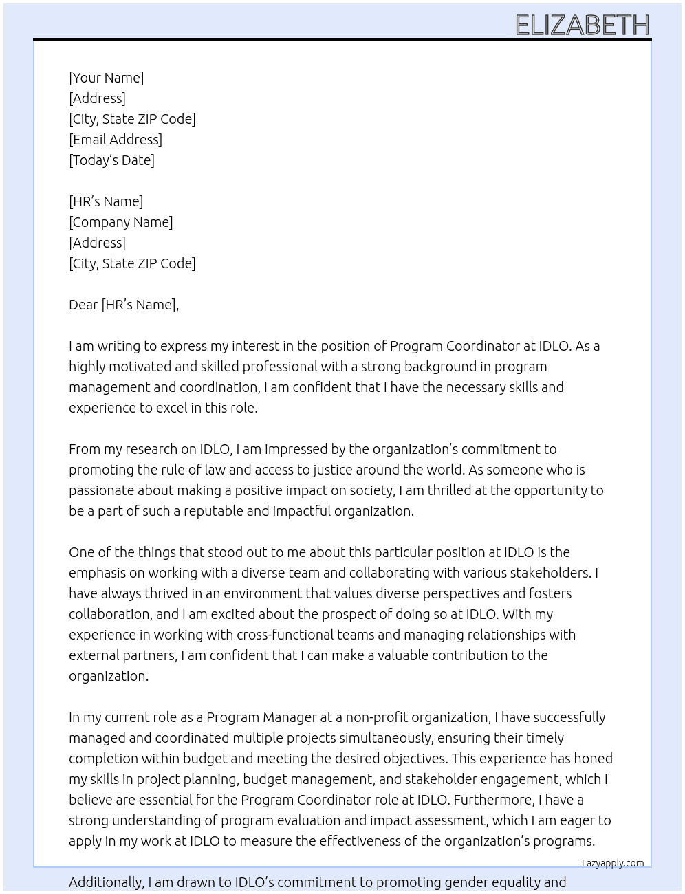 Program Coordinator  At IDLO Cover Letter