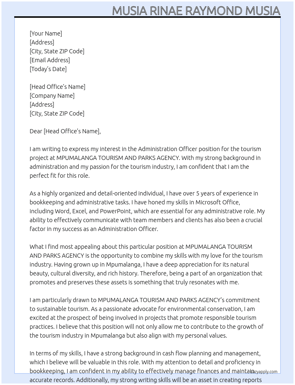 Administration officer for tourism project At MPUMALANGA TOURISM AND PARKS AGENCY Cover Letter