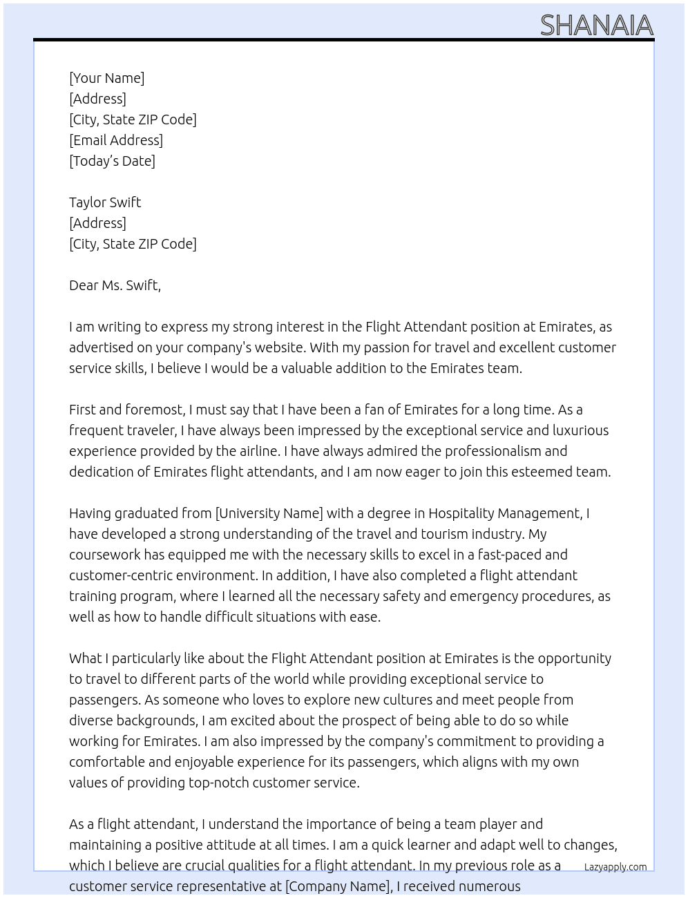 Flight attendant At Emirates Cover Letter