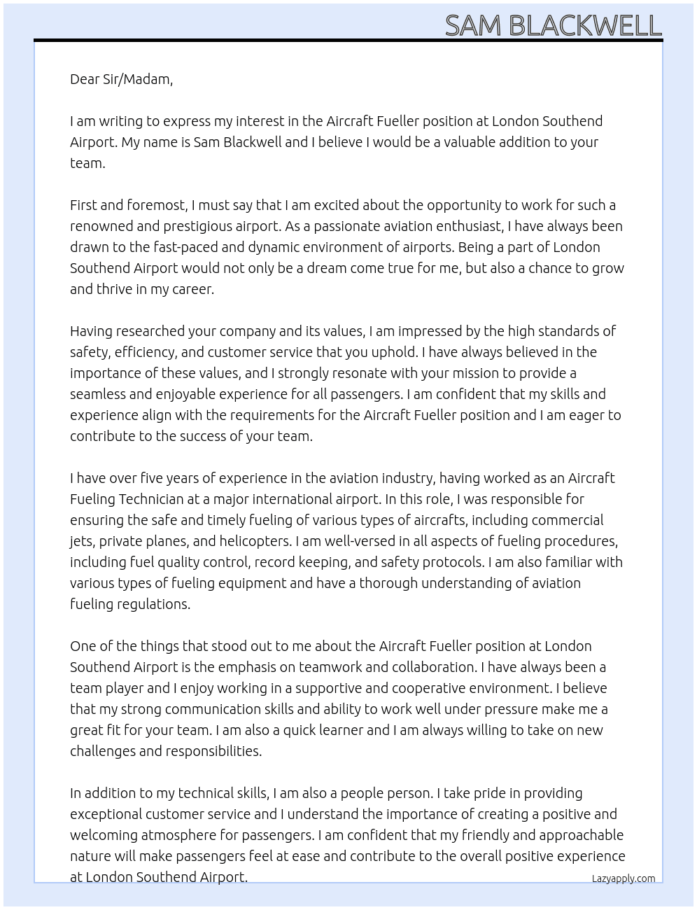 Aircraft Fueller At London SOuthend Airport Cover Letter