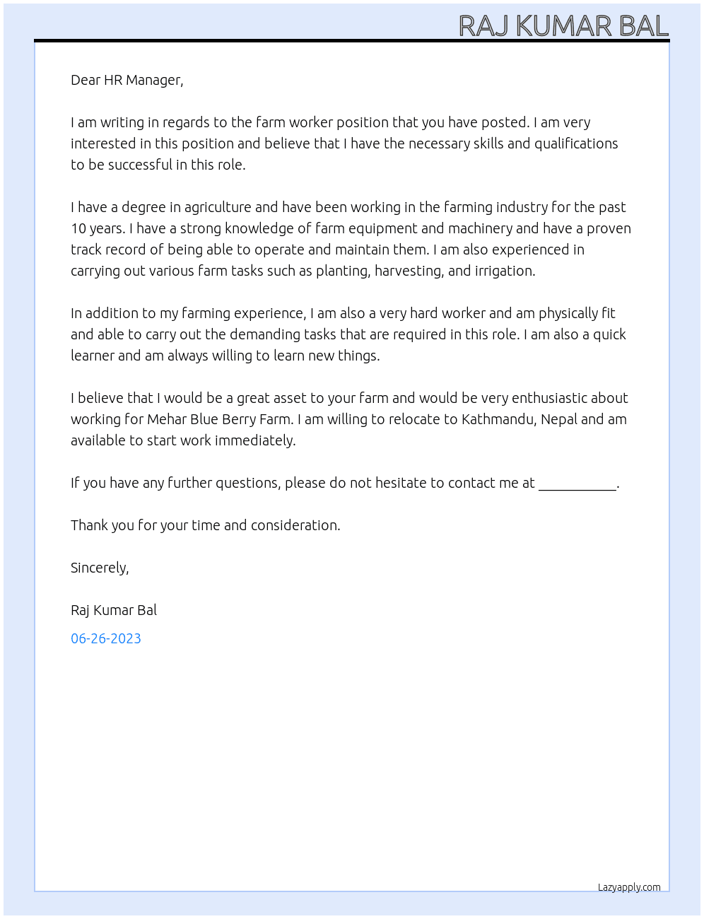 farm worker At Mehar Blue Berry Farm Cover Letter