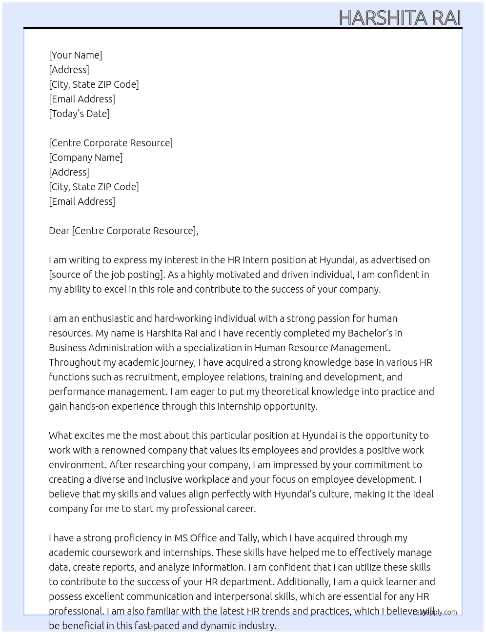 Hr intern At Hyundai Cover Letter