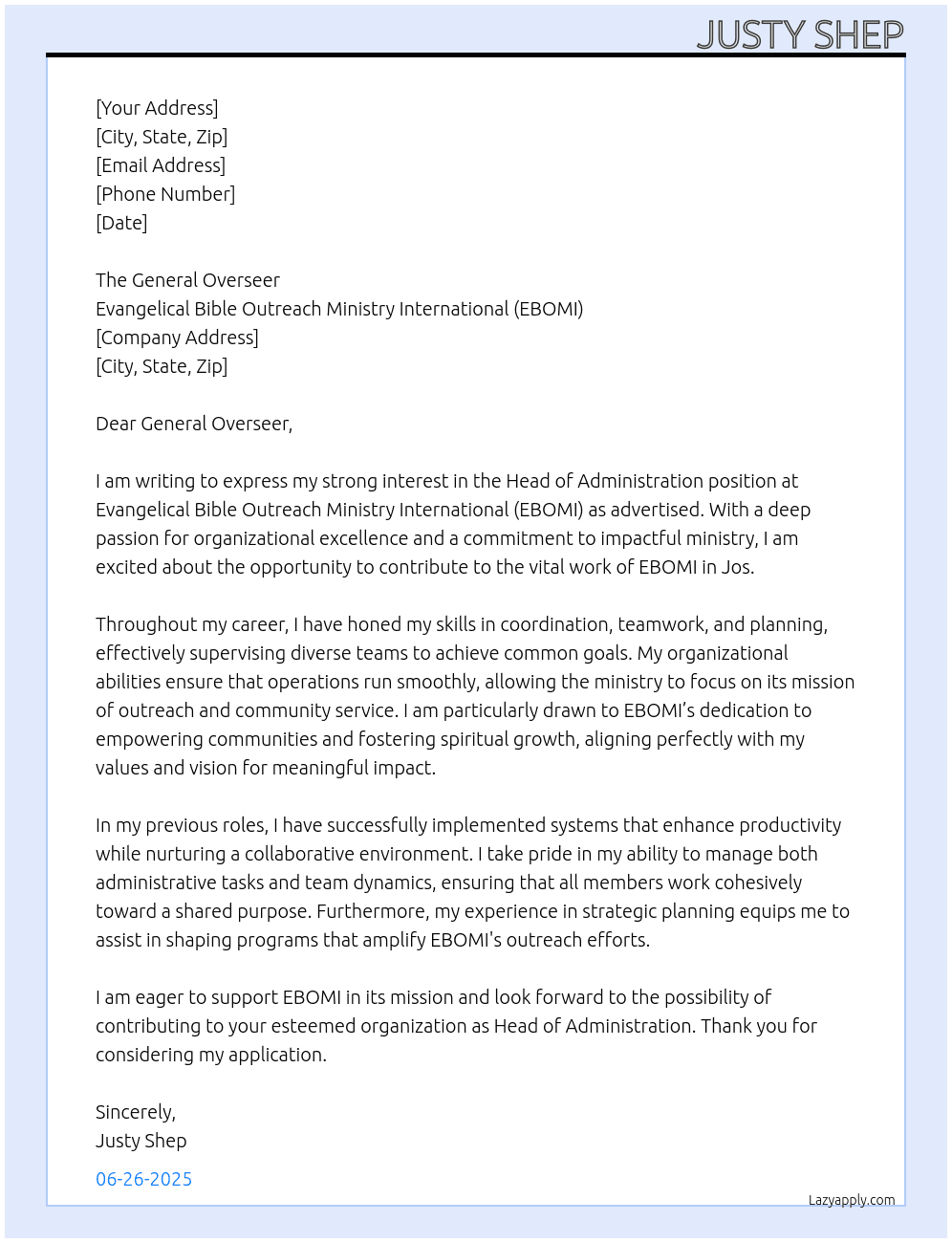 Cover letter for head of administration - LazyApply