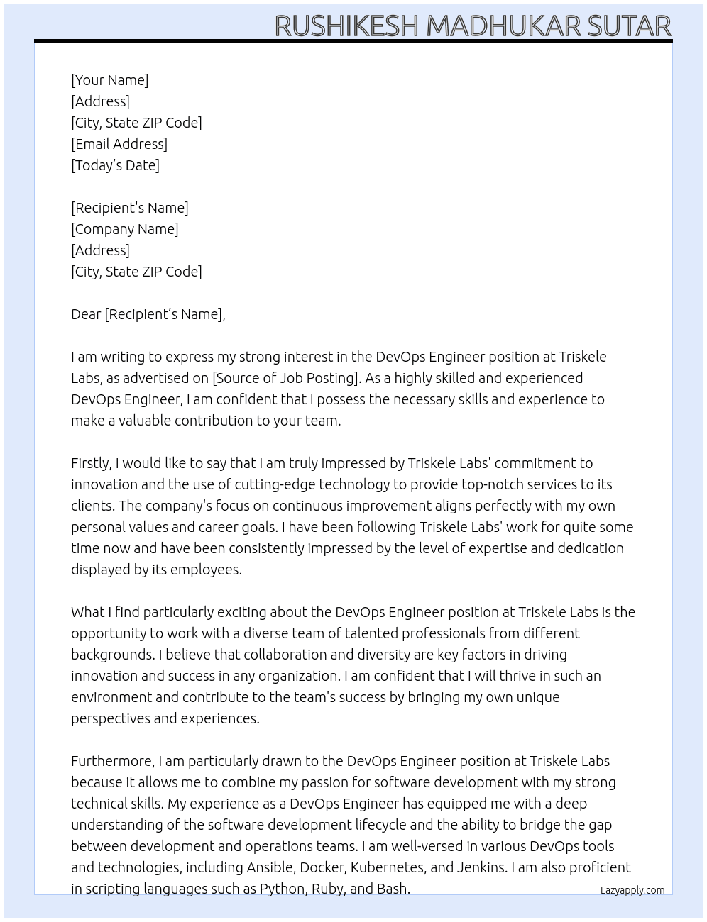 DevOps Engineer  At Triskele Labs  Cover Letter