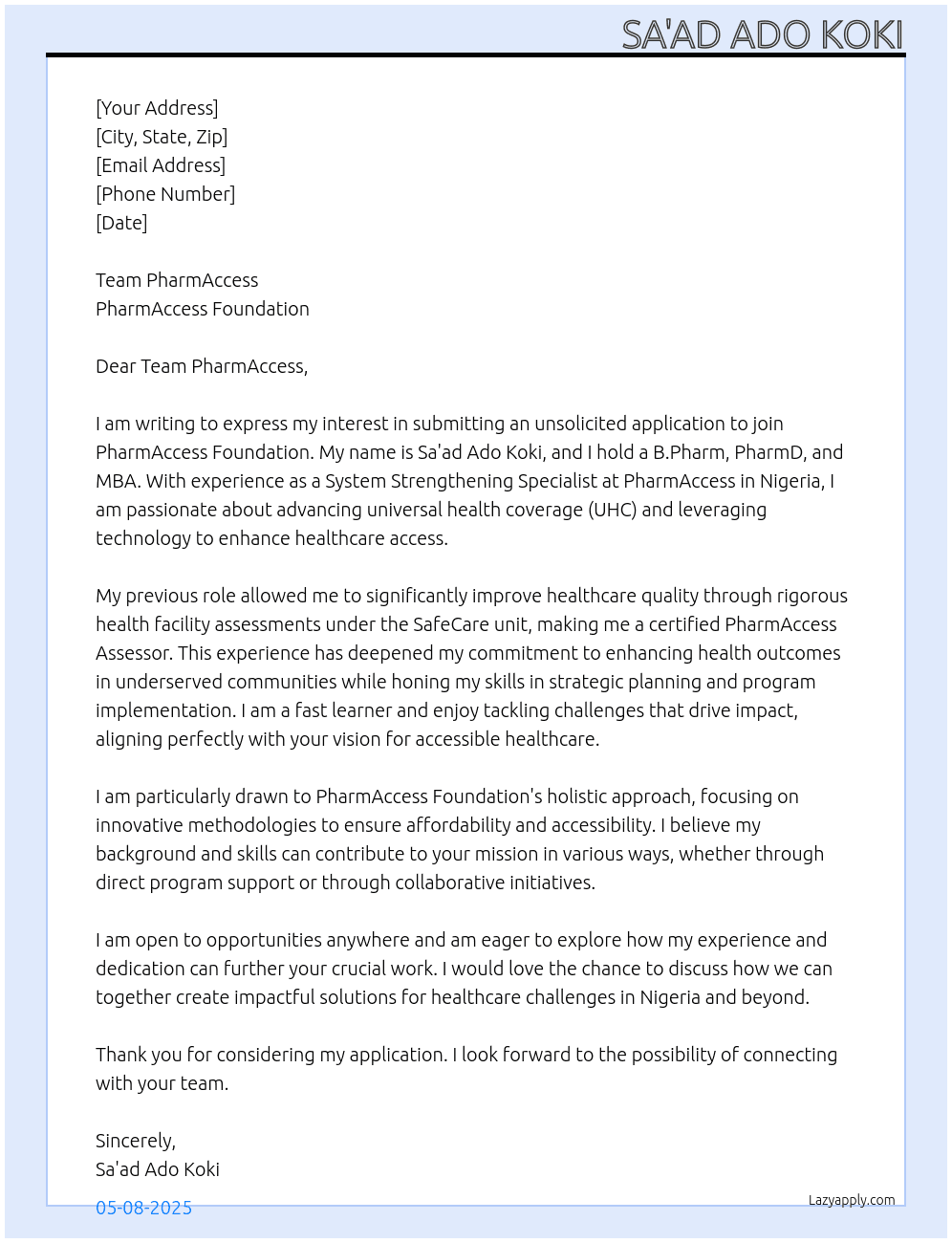 Unsolicited Application At PharmAccess Foundation Cover Letter
