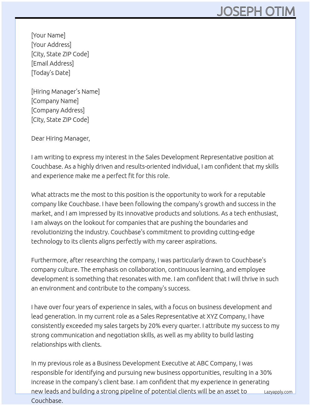 Sales development Representative At couchbase Cover Letter