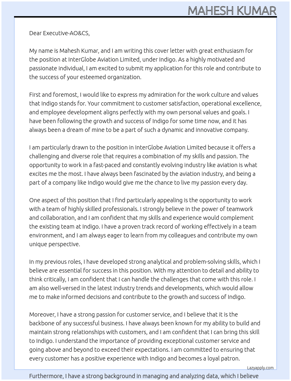 Cover letter for interglobe aviation limited - LazyApply