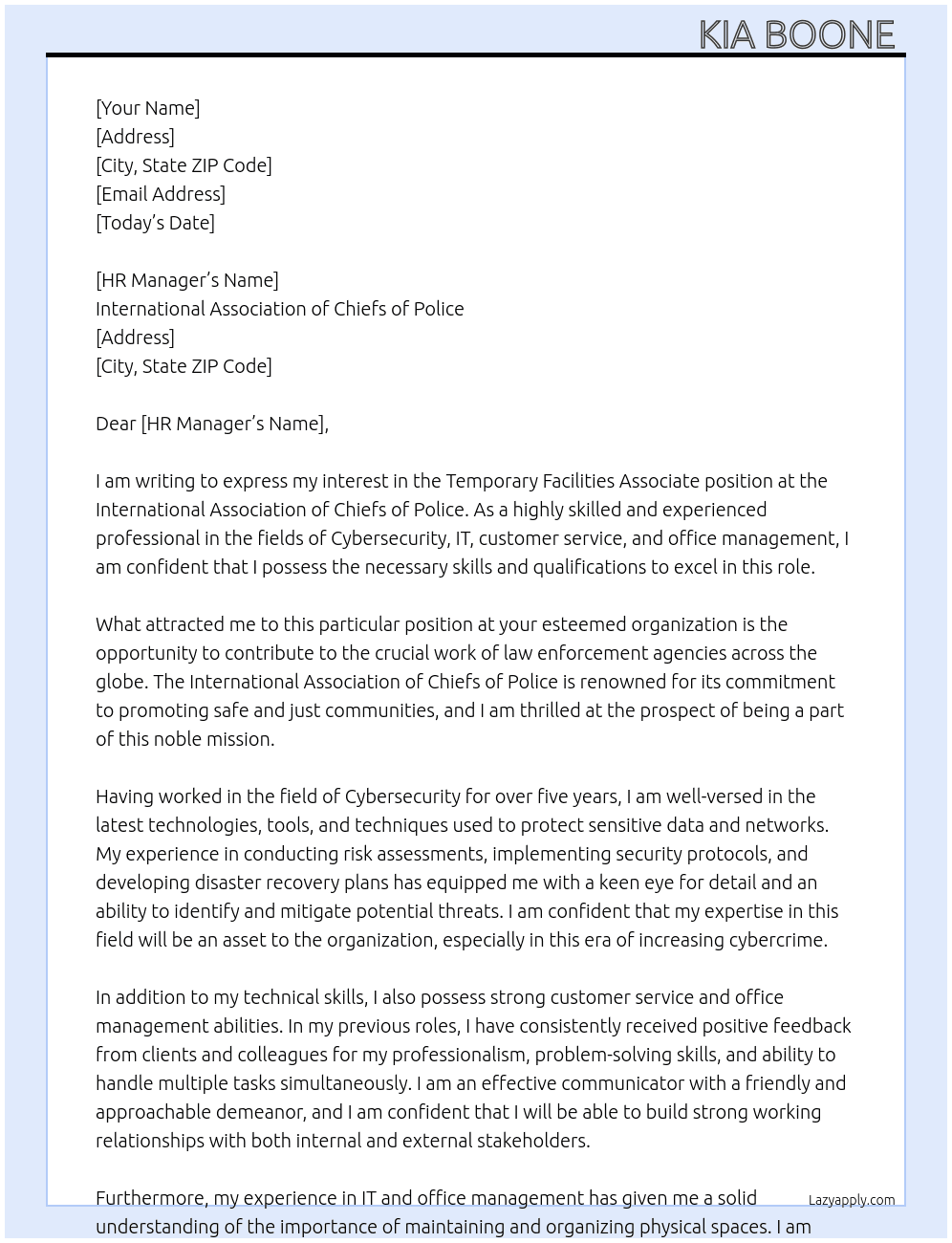 Temporary Facilities Associate At International Association of Chiefs of Police  Cover Letter