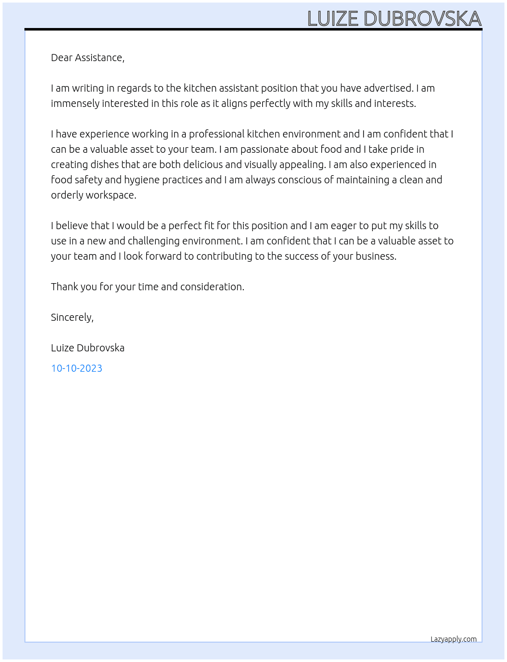 kitchen assistant At Assistance Cover Letter