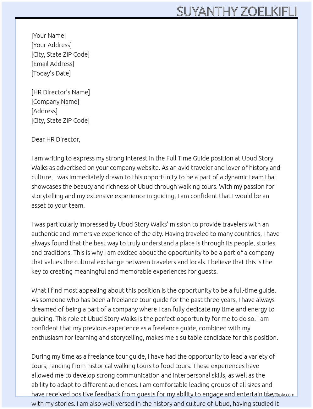 Cover letter for full time guide for city walking tour - LazyApply