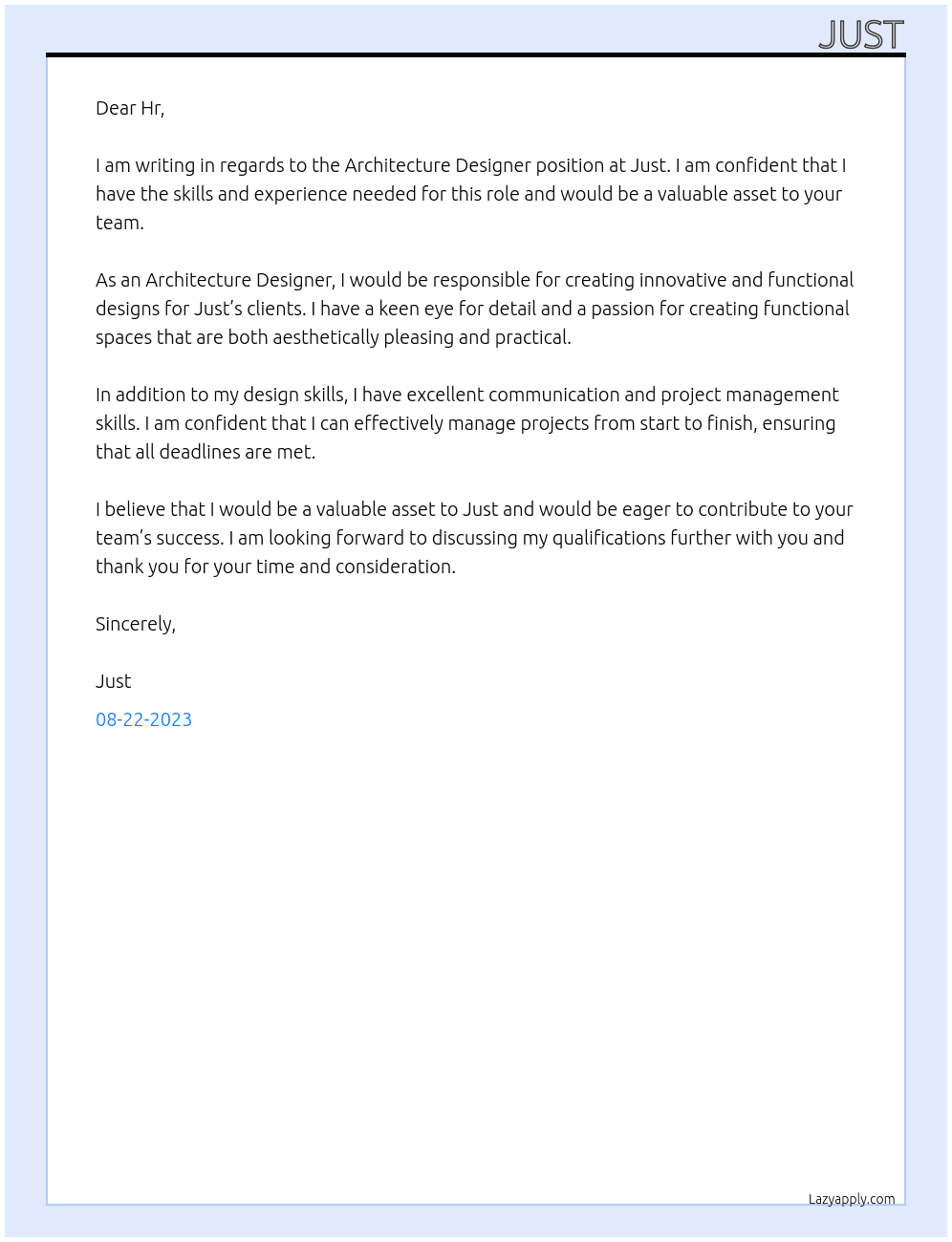 Architecture Designer At Just Cover Letter