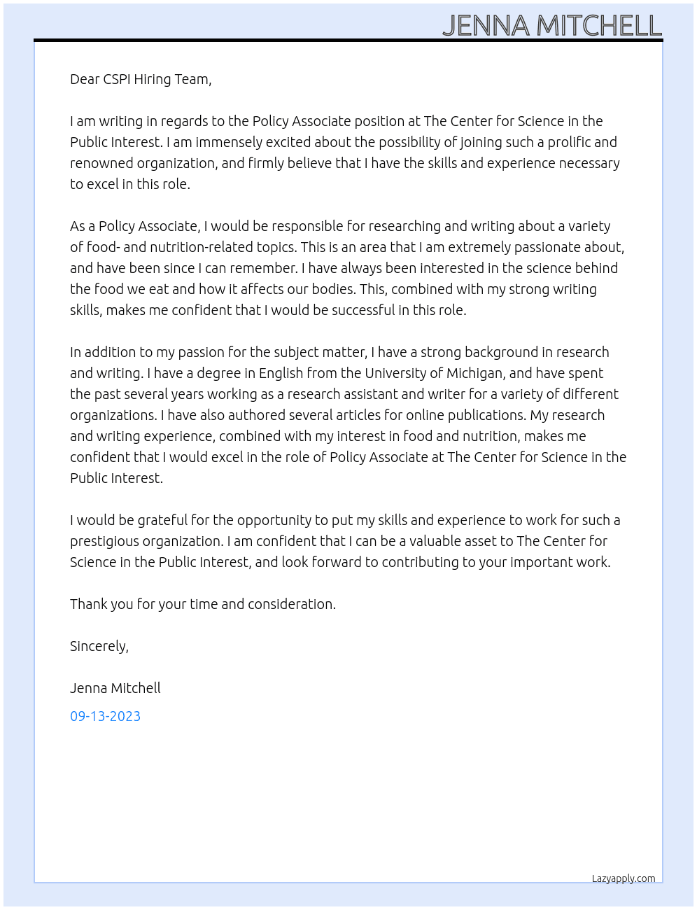 Policy Associate At The Center for Science in the Public Interest Cover Letter