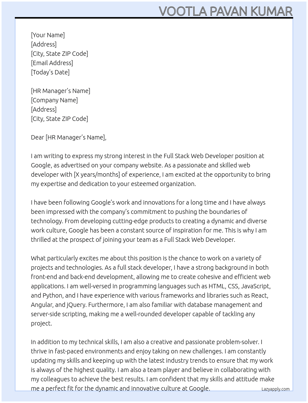 Full stack Web developer  At Google Cover Letter
