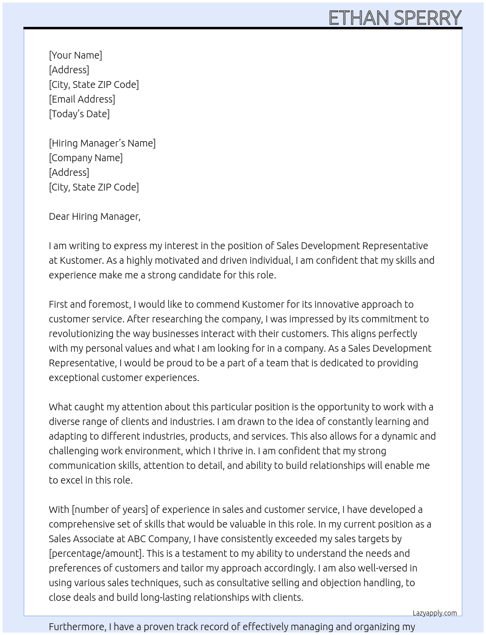 Sales Development Representative At Kustomer Cover Letter