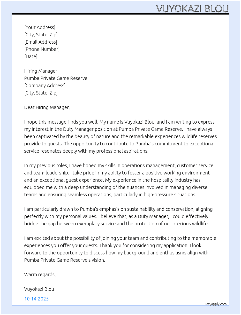 Duty manager At Pumba private game reserve Cover Letter