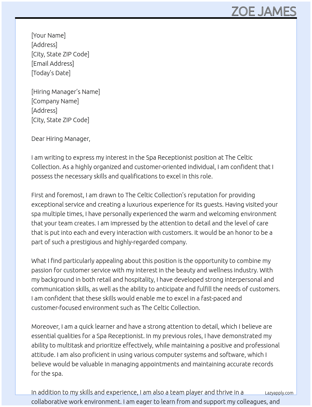 Spa Receptionist At The Celtic Collection Cover Letter